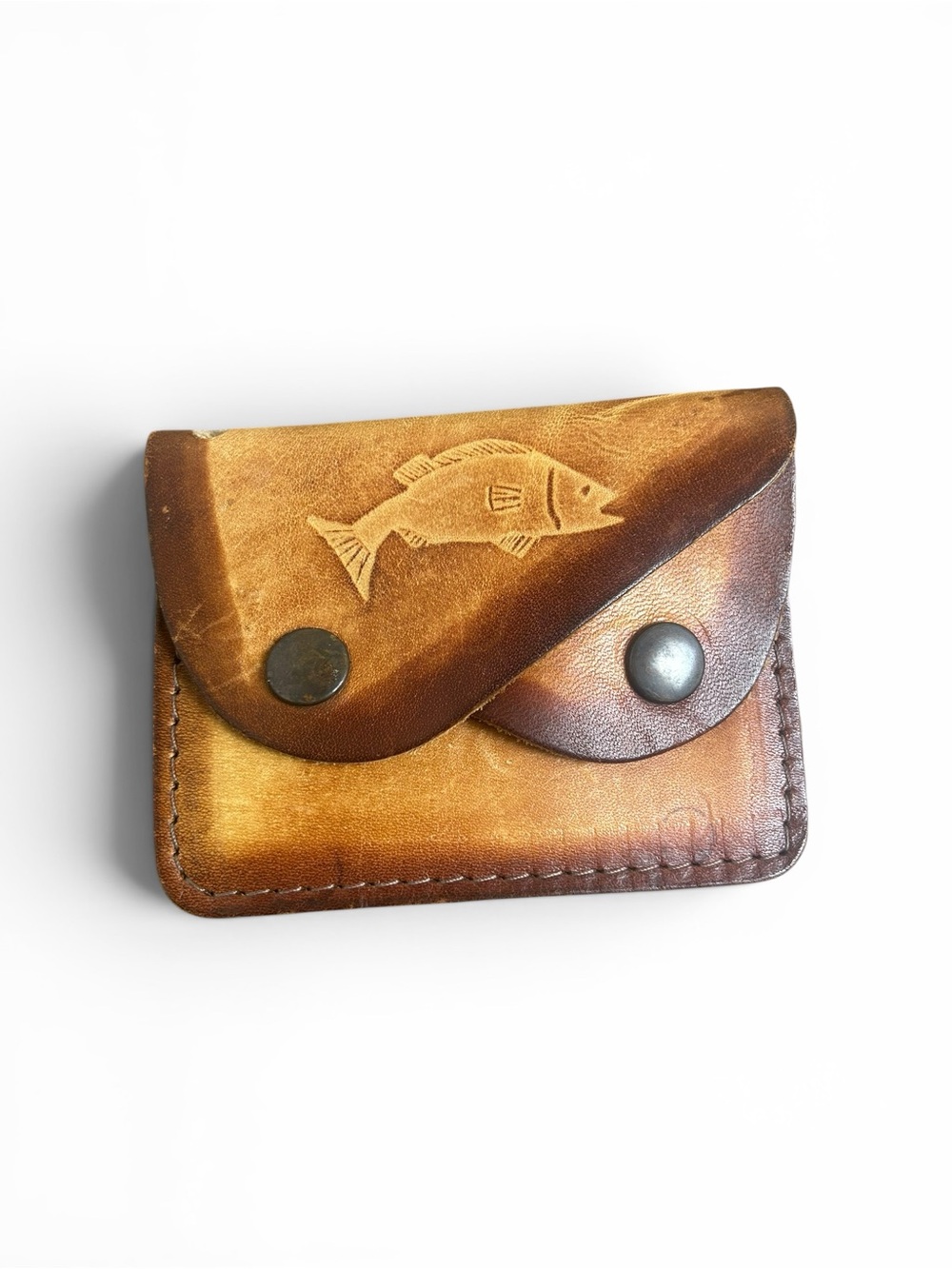 Vintage Tooled Leather Fish Snap Wallet Mini Coin Pouch Brown